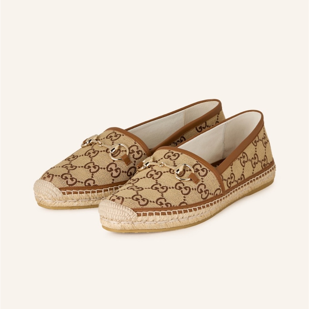 New Gucci Womens Camel Ebony Sundial Horsebit GG Canvas Espadrilles
